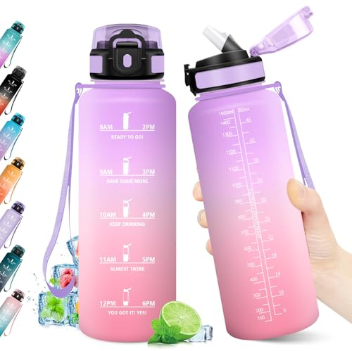 KollyKolla Gourde 1.5L, Bouteille Sport sans BPA, Réutilisable, Gourde Motivation avec Marqueur de Temps, Bouteille d'eau Étanche, avec Paille, pour Yoga, l'école, Camping, Bureau, Fitness