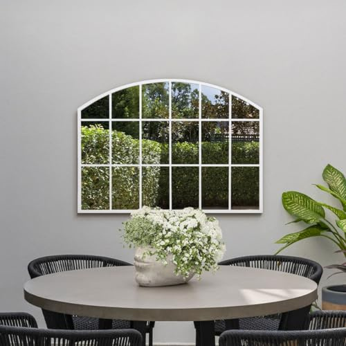 MirrorOutlet The Arcus - White Framed Modern Arched Garden Wall Window Mirror 35 X 26 (90CM X 65CM) Silver Mirror Glass with Black All weather Backing.