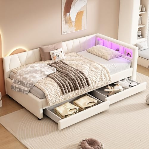 RIAZOS Polsterbett Schlafsofa 90x200, Einzelbett mit 2 Schubladen, Daybett mit LED Staufach, Tagesbett mit USB Typ C Ladefunktion, Jugendbett Kinderbett Gästebett, Leinen, ohne Matratze, Beige
