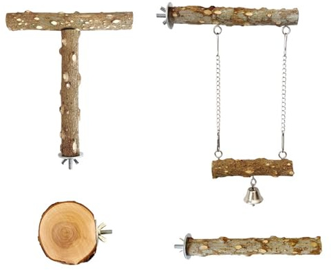 4-teiliges Papageienkäfig-Zubehör-Set mit Kletterzweigen und Schaukel für Übungen, Kauen und Kauen, Schleifen, Vogelständer, Äste aus Holz
