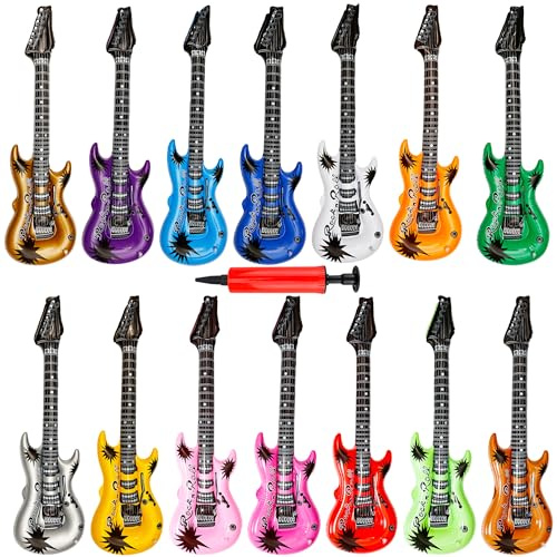 14 Pack 43 Inch Large Inflatable Guitar Blow up Guitar Bulk Fake Party Prop Inflatable Rock Star Guitars with Air Pump for 80s 90s Themed Carnival Birthday Party Favor, 14 Colors