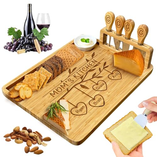 Custom Bamboo Charcuterie Board with Vertical Magnetic Knife Storage,Modern Kitchenware,Serving Tray, for Mom,Wedding Birthday Housewarming Party Gifts for Family Women Couples