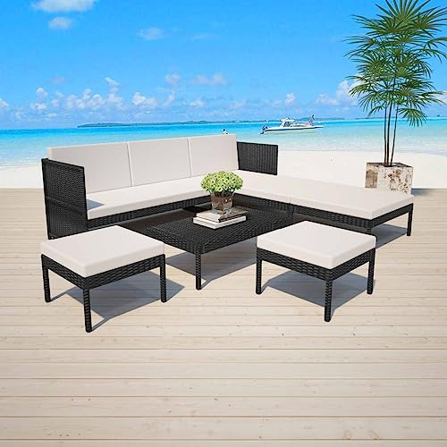 Qnhdfrt Rattan Gartenmöbel Set Schwarz 6 teilig Lounge Set Outdoor mit Polster PE Geflecht Sofa Tisch Ottomanen für Terrasse Balkon Garten
