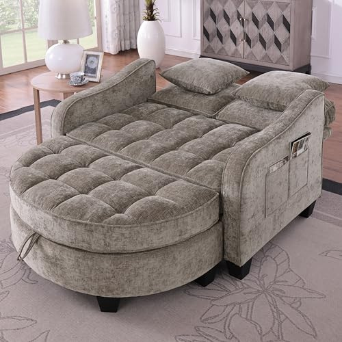 Ligterra Sofa mit Schlaffunktion, Sofa Klein, Chaiselongue, 2-in-1 Schlafsofa, Aufbewahrungs-Hocker & 4 Kisse, für Kleine Wohnzimmer, Studienzimmer, Schlafzimmer, 132×129×93cm (Braun)
