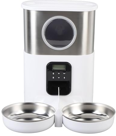 Fabater Automatischer Futterspender für Zwei Katzen, 5 L Fassungsvermögen, Doppelschüsseln, Zeitgesteuerter Katzenfutterautomat mit Edelstahlkonstruktion, Geeignet für Haustierbesitzer (White)