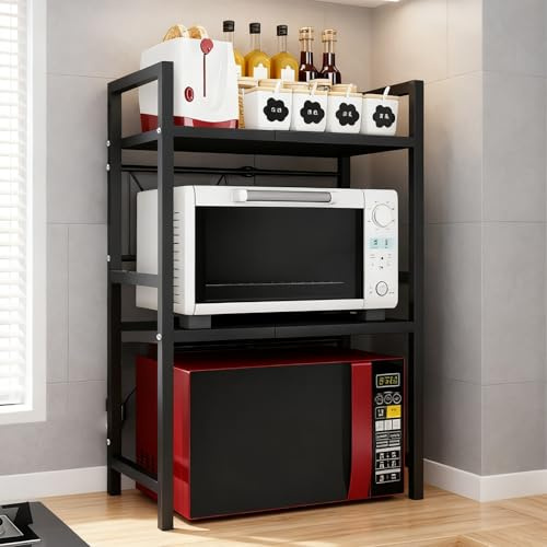 Welan 3-Stufig ausziehbares Mikrowellen Regal, Carbonstahl Küchenregal für Arbeitsplatte mit 6 Haken, platzsparendes Organizer für die Arbeitsplatte, ideal für Mikrowelle & Ofen(Schwarz)
