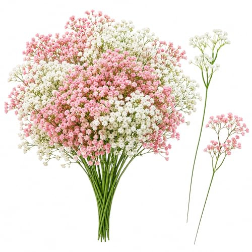 Caelura 20 Stück Schleierkraut Künstlich, Kunstblumen Weiß & Rosa, Künstliche Blumen wie Echt, Fake Flowers für Hochzeit, Vase, Wohnzimmer, Blumen Deko