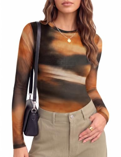 Ekouaer Women's Mesh Long Sleeve Tops Sheer Shirt Fitted Undershirt | slim mesh silhouette, clean crew neck, fitted thermal with soft stretch cuffs, straight hip-length hem, lightweight sheer