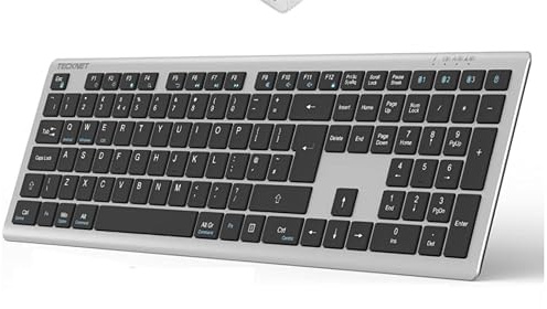 TECKNET Wireless Keyboard, Rechargeable 2.4GHz USB Bluetooth Keyboard for 4 Multi Devices, Ultra Slim Full Size UK Layout Keyboards for Computer, Laptop, Tablet, Smart TV, Phone