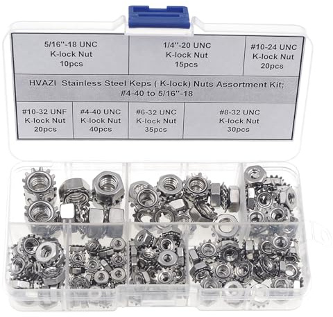 HVAZI Stainless Steel Keps(K-Lock) Nuts Assortment Kit;#4-40 to 5/16-18;Hex Nuts with Tooth washers