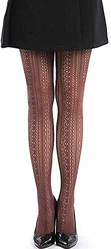 SurBepo Women Fishnet Hollow Out Knitted Patterned Thick Warm Stockings Tights Vertical Strips Pantyhose For Female(A-Brown, One Size)