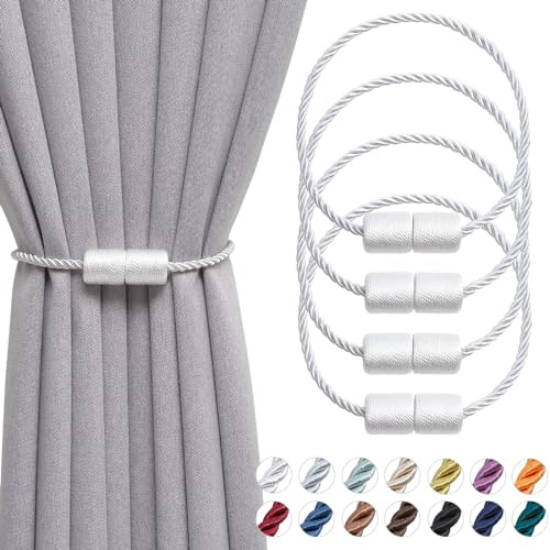 Pretty Jolly magnetische Vorhang Raffhalter handgefertigtes Gewebe Seil Vorhang-Raffhalter Einfachheit dekorative Vorhang drapieren Krawatte zurück für Haus & Büro Fenster Drapery, Weiß, 4 Stück | Handgefertigte gewebte Zylinder-Halterungen, dekorative Seitenseil-Raffhalter für Fenster zu Hause und im Büro, 40,6 cm