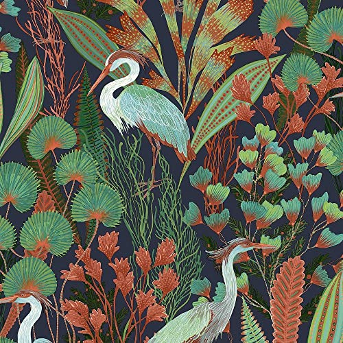 Ciara Tropical Cranes and Birds Navy Wallpaper - Floral Botanical Multicoloured - Paste The Wall Modern Contemporary