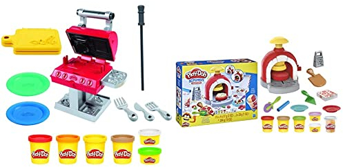 Play-Doh Kitchen Creations Pizzabäckerei Spielset mit 6 Dosen 8 Accessoires & Kitchen Creations Grillstation Spielset für Kinder ab 3 Jahren mit 6 Farben und 7 Zubehörteilen, Mehrfarbig