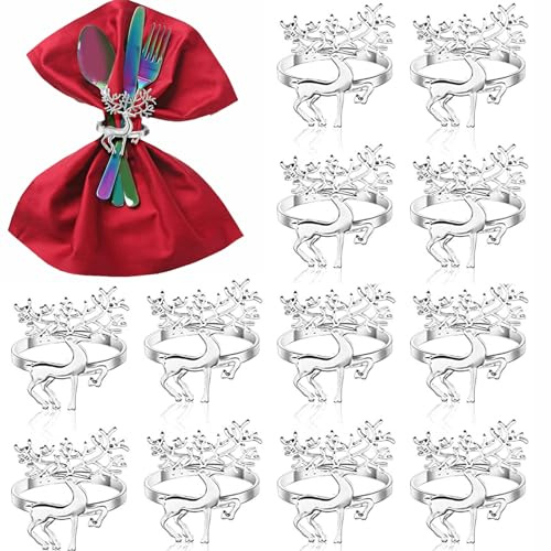 Weihnachten Serviettenringe Set, 12 Stück Rentier Serviettenringe, Silber Hirsch Serviettenhalter für Thanksgiving Party Hochzeit Tischdekoration