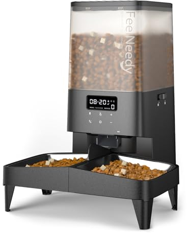 FEELNEEDY 5L Automatic Pet Feeder, Automatic Cat Feeder with Timer, Up to 6 Meals per Day with 2 Detachable Cat Bowls, Battery/Plug-in Power, 10s Voice Recording