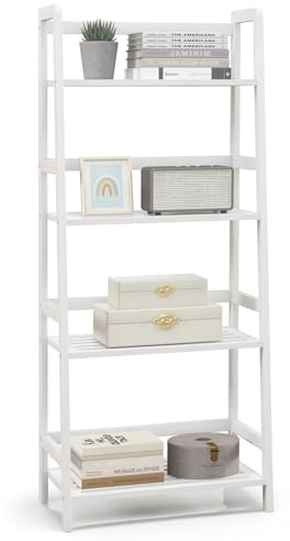 COSTWAY 4-Tier Ladder Shelf, 47.5'' Bamboo Plant Stand Rack, Freestanding Bookshelf, Multifunctional Plant Display, Storage Shelves, Flower Stand Rack Holder for Living Room Balcony, Bedroom (White)