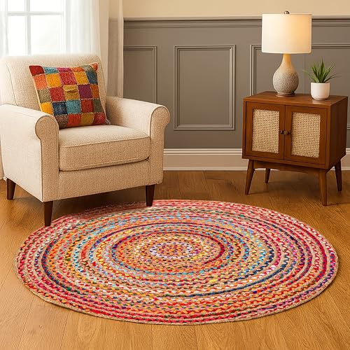 Hausattire Bohemian Braided Rug 4' Round - Multi Color, Circle Farmhouse Jute Cotton Area Rag Rug for Kitchen, Kids Bedroom, Playroom | Colorful Hand Woven Reversible Pet Friendly Carpet