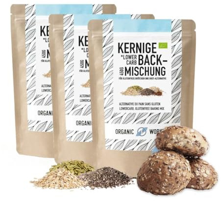 Kerniges LOWER-CARB-BROTBACKMISCHUNG 3x450g – Bio, vegan, glutenfrei, Saatenbrot, proteinreiches Brot, Lebensmittel ohne Getreide, Organic Workout