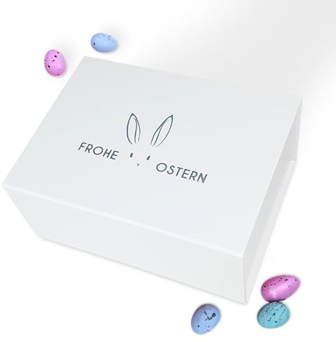 Verpackungswelt Oster Geschenk-Karton mit Deckel | 23x17x10 cm | Geschenk-Box zu Ostern mit Magnet-Verschluss | Perfekt für Oster-Geschenke | Geschenk-Verpackung in Weiß mit Osterhasen-Motiv