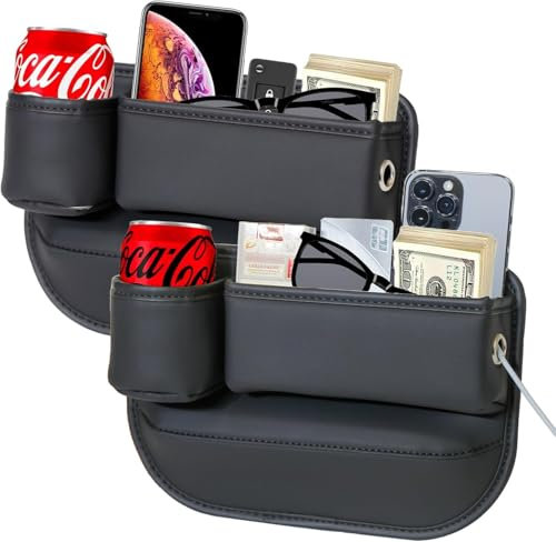 Wenrecu 2 Pack Car Leather Cup Holder Gap Bag - Car Seat Gap Filler & Organizer, Adjustable Seat Storage Box for Phones, Glasses, Keys, Cards (Black Driver's + Passenger) (1)