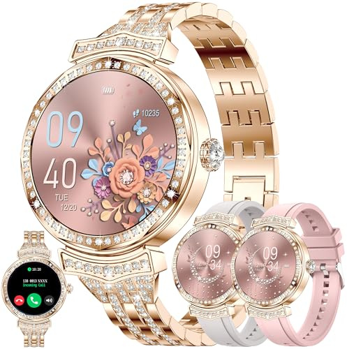 1,32” AMOLED Smartwatch Damen mit Telefonfunktion, 5ATM Fitnessuhr mit Diamant Schrittzähler Herzfrequenz SpO2, Schlafmonitor, 123 Sportmodi Uhr, Sportuhr Aktivitätstracker für Android iOS (Gold)
