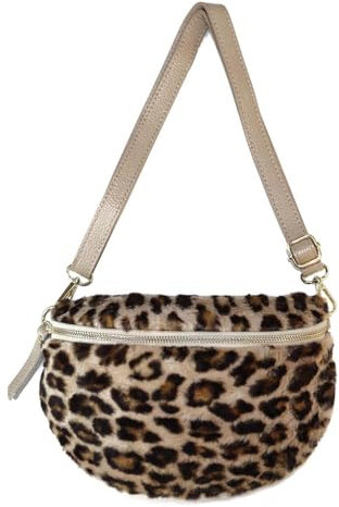 OBC Made in Italy Damen Leoparden Print Tasche Teddyfell Plüsch Brusttasche Bauchtasche Leo Leder Tasche Schultertasche Fell Bodybag Umhängetasche Crossbody Teddyplüsch Taupe
