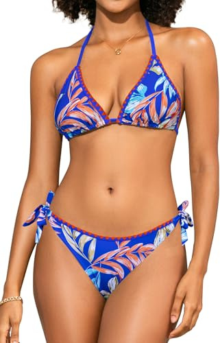SHEKINI Bikini da donna a triangolo con lacci, costume da bagno con schiena scoperta, costume da bagno in due pezzi, Foglie stampa floreale, L
