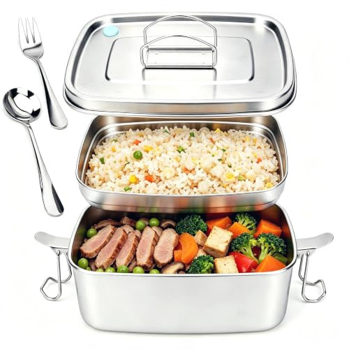 Lunbengo 1.5L Stainless Steel Bento Box Lunch Box - Double Layer Microwave-Safe Food Storage Container with Air Vent Includes Spoon & Fork - Leak-Proof, Metal Meal Prep Container
