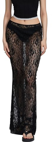 ensswliz Women Lace Long Skirt High Waist See Through Midi Skirts Summer Elegant Beach Party Slim Fit Maxi Skirts (A-Black, M)