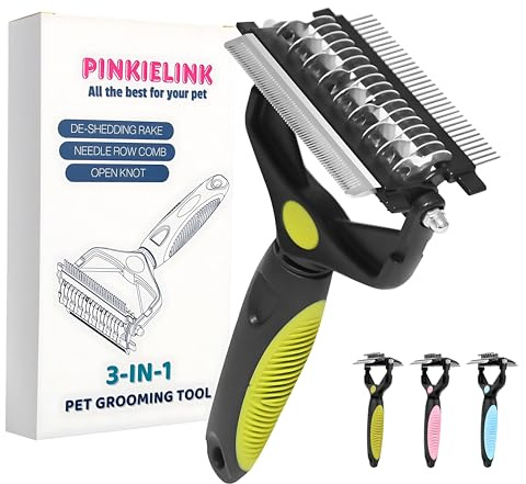PINKIELINK 3-IN-1 Pet Grooming Tool - Undercoat Rake, Dematting Comb & Deshedding Brush for Cats & Dogs - Removes Mats, Tangles & Loose Fur, Reduces Shedding & Prevents Hair Mess (Green)