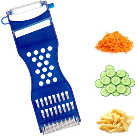 Pelapatate per verdure, 6 in 1, multifunzionale, per sbucciare, tagliare a fette, purea, grattugiare a strisce e biscotti, riutilizzabile e facile da pulire (blu)