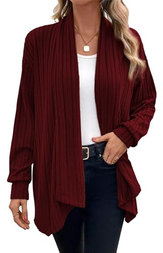 Chicrise Cardigan Donna Manica Lunga Elegante Maglioncino Maglia Leggero Spolverino Morbido Versatile RossoVino 2X-Grande 50-54 2XL