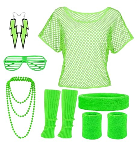 SSKHE 80-90 år förklädnad dam fisknät T-shirt halsband örhängen damasker, disco, karneval, fest, neon, utklädnad, karneval, fest, neonmma (grön)