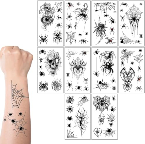 JEYORZY 10 Blatt Halloween Tattoo Gesicht,Gesichtstattoo Lidschatten Wimpern Temporäre Tattoos mit Fledermäuse Spinnen und Spinnennetz Motive Aufkleber für Maskerade,Halloween Tag der Toten Kostüm