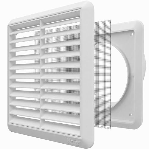 Kair White 125mm Louvred Wall Vent Grille with Flyscreen - 125mm / 5 Inch Round Rear Spigot & 155mm Front Cover