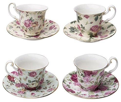 Gracie China Rose Chintz - Juego de 4 tazas y platillos de porcelana de 3 onzas con borde dorado