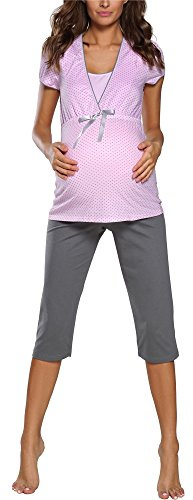 Italian Fashion Pyjama Femme Enceinte | Pyj' Allaitement Coton | Tenue Maternité Accouchement | 2 Pièces avec T-Shirt Manches Courtes & et 3/4 Pantalon | Pyjama Grossesse et Maternité S-XXL