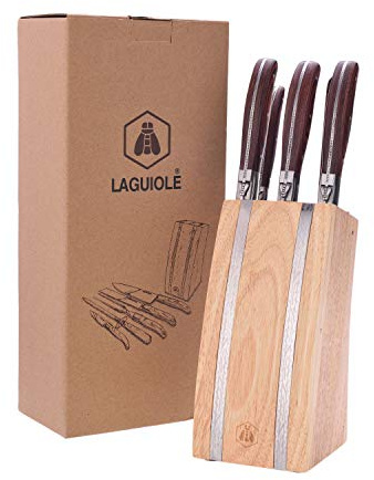 LAGUIOLE - LAGUIOLE Block von 5 Utensilien Pakka Holzgriffe Fleischmesser Brotmesser Gemüsemesser Fleischgabel Schärfgerät Hevea Holzblock Ideales Geschenk