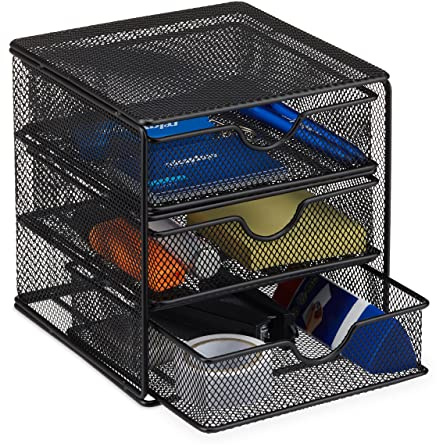 Relaxdays Schreibtischorganizer, Büroablage aus Metallgeflecht, Ablagebox für Bürobedarf, HxBxT: 17 x 16 x 17cm, schwarz