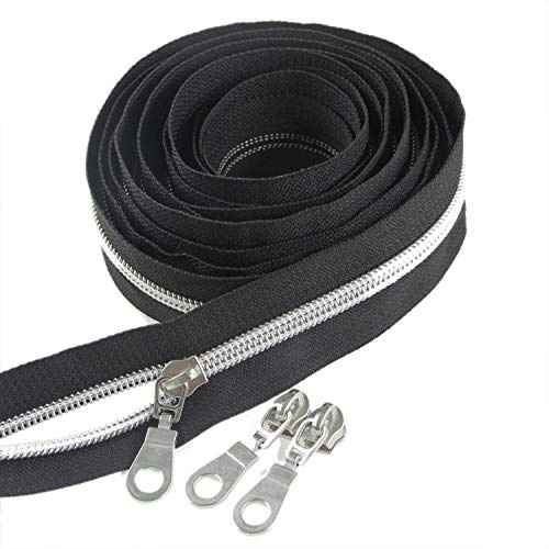 Leekayer #5 Silver Metallic Nylon Coil Zippers by The Yard Bulk 10 Yards Black Tape with 25pcs Silver Sliders for DIY Sewing Tailor Craft Bag(Black)