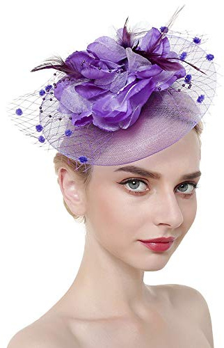 JINTN Womens Girls Mesh Fascinator Hat Headwear with Big Flowers Feather Veil Wedding Party Hat Fascinator Hair Clip Headwear