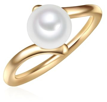 Valero Pearls Damen Perlenring Welle 925/- Sterling Silber gelbvergoldet | Süßwasser-Zuchtperle,Button-Form,weiß,ca.8 mm,Ringbreite 1,9 mm,Modern,Silberring,Damenring,Gelbgold,14 Karat