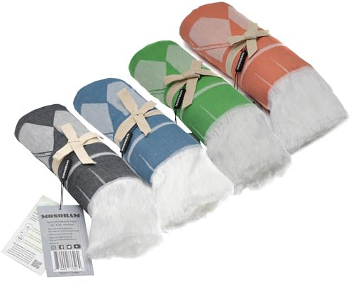 Mosobam 4pc Soft Fouta Peshtemal 35X70, Green-Navy-Charcoal-Coral, Fall Cacala Fleece Blankets, Luxury Sarong, Hamam Towel, Lightweight Outdoor Picnic Blanket Throw, Viscose Made from Bamboo