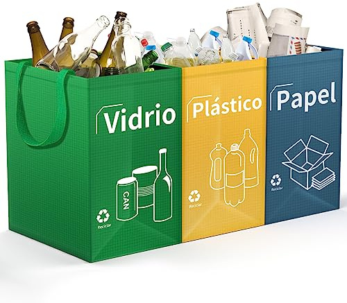 Opret Bolsas Basura Reciclaje 40L 3 Piezas para Papelera | Cubos de Basura de Reciclaje, con Gran Capacidad, Colores, Separadas con Asas, Vidrio, Plástico, Casa, Cocina