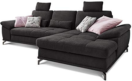 Cavadore Ecksofa Castiel mit Federkern / Großes Sofa in L-Form mit Sitztiefenverstellung, Kopfstützen und XL-Longchair / 312 x 114 x 173 / Webstoff, Schwarz