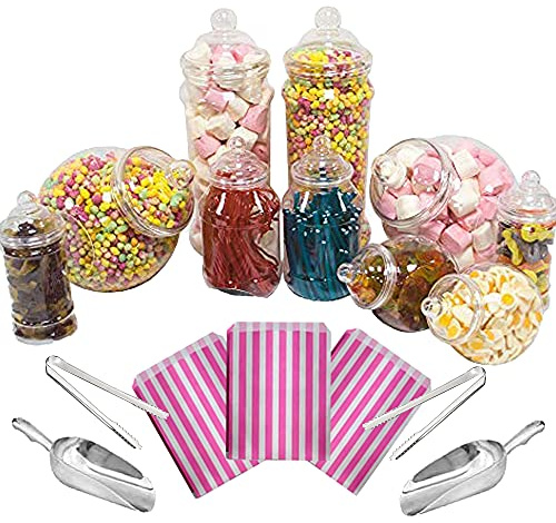 Purple Square 10 Mixed Jar Retro Pick & Mix Victorian Sweet Shop Candy Buffet Kit Party Pack with Scoops, Tongs & Bags - Pink Stripe Bags
