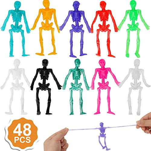 Qpout 48 Stück Einziehbare Skeleton Spielzeug, Random 10 Color Schädelspielzeug, für Kinder Halloween Geburtstagsgeschenk, Klassenzimmerpreise Mitgebsel