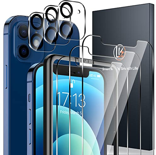 LK 3 + 3 Hartglas, kompatibel mit iPhone 12 (6,1 Zoll), 3 Displayschutzfolien und 3 Rückseitenschutz, kratzfest und blasenfrei, mit Installationsrahmen (Ultra-HD)