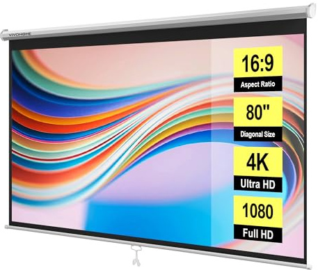 VIVOHOME 80 Inch 16:9 Pull Down Projector Screen, HD 4K Retractable Movie Screen for Indoor Home Theater and Office, Manual Projection Screen with Auto Locking (70Wx40H Inch Display Area)